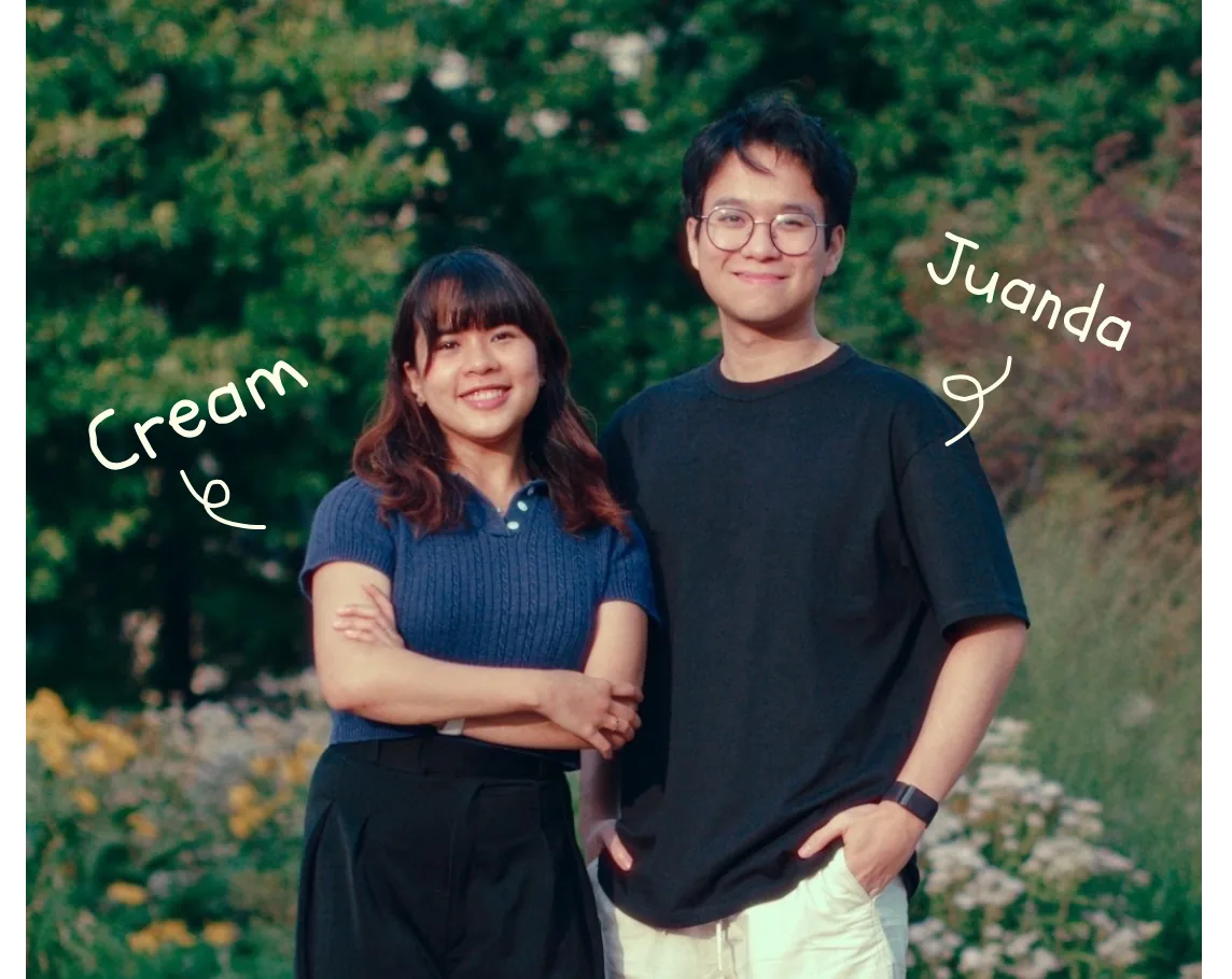 Cream and Juanda standing together outdoors, each labelled in handwriting